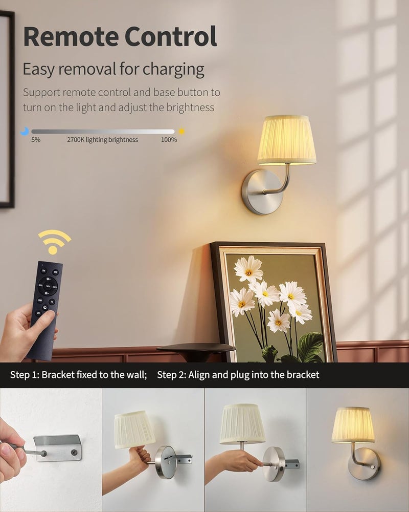 PUSU LED Cordless Nickel H9.6 inch Small Wall Sconces Set of 2, Rechargeable 5200mAh Battery Operated Wall Lamp with Remote, Lighting for Living Room, Bedroom, Hallway, Bathroom, Stairs, Kitchen - Image 4